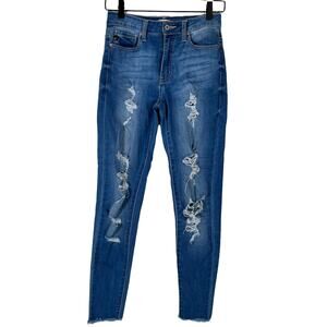 Kancan Womens Distressed Skinny Jeans Raw Hem Medium Wash Mid Rise 25